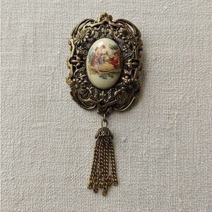 Vintage Porcelain Courting Couple Brooch Tassel Pin Victorian Rococo Revival